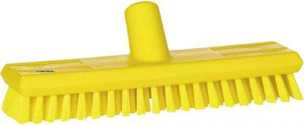 Vikan - 1" Bristle Length, Polyester Scrub Brush - 10-5/8" Long x 2-1/2" Wide Head, 11" OAL, European Threaded Handle, Yellow, Polypropylene Block - Americas Tooling