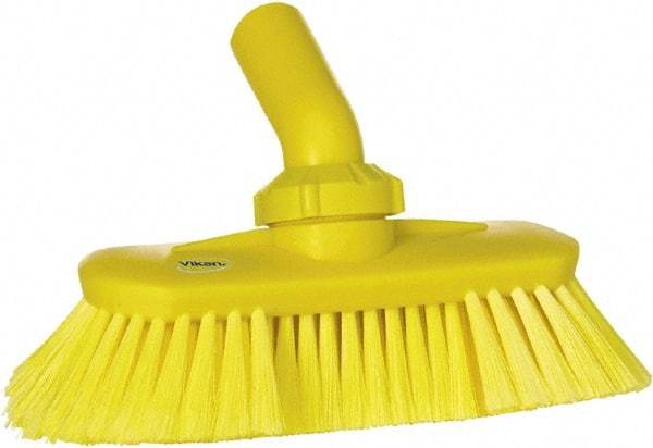 Vikan - 1-1/2" Bristle Length, Polyester Wash Brush - 7-3/4" Long x 3" Wide Head, 8" OAL, European Threaded Handle, Yellow, Polypropylene Block, Flagged - Americas Tooling