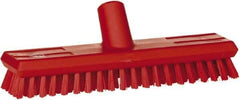 Vikan - 1" Bristle Length, Polyester Scrub Brush - 10-5/8" Long x 2-1/2" Wide Head, 11" OAL, European Threaded Handle, Red, Polypropylene Block - Americas Tooling