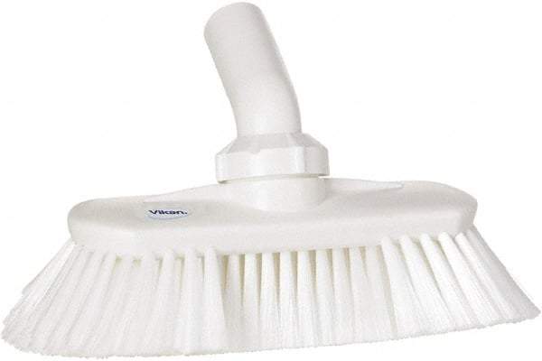 Vikan - 1-1/2" Bristle Length, Polyester Wash Brush - 7-3/4" Long x 3" Wide Head, 8" OAL, European Threaded Handle, White, Polypropylene Block, Flagged - Americas Tooling