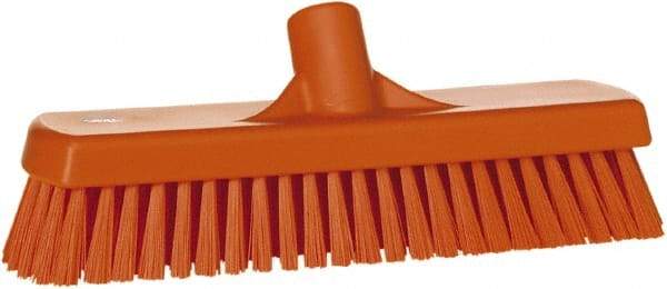 Vikan - 1.7" Bristle Length, Polyester Scrub Brush - 11-1/4" Long x 3" Wide Head, 12" OAL, European Threaded Handle, Orange, Polypropylene Block - Americas Tooling