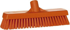 Vikan - 1.7" Bristle Length, Polyester Scrub Brush - 11-1/4" Long x 3" Wide Head, 12" OAL, European Threaded Handle, Orange, Polypropylene Block - Americas Tooling