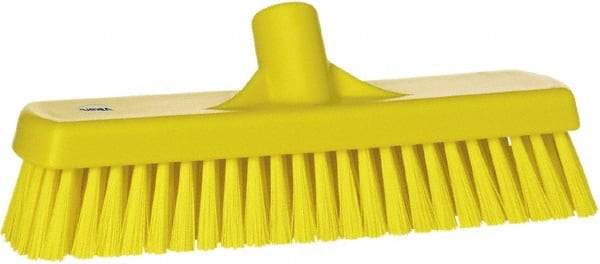 Vikan - 1.7" Bristle Length, Polyester Scrub Brush - 11-1/4" Long x 3" Wide Head, 12" OAL, European Threaded Handle, Yellow, Polypropylene Block - Americas Tooling