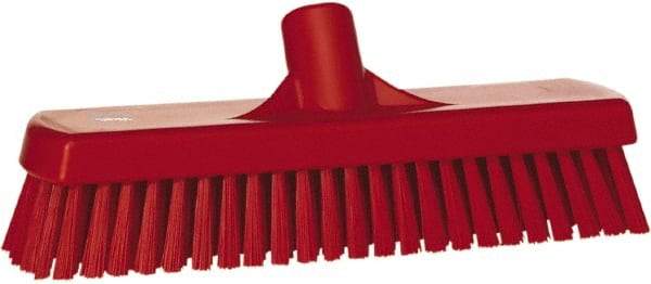 Vikan - 1.7" Bristle Length, Polyester Scrub Brush - 11-1/4" Long x 3" Wide Head, 12" OAL, European Threaded Handle, Red, Polypropylene Block - Americas Tooling