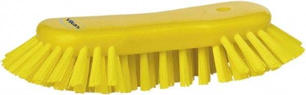 Vikan - 1.3" Bristle Length, Polyester Utility Scrub Brush - 7-3/4" Long x 3" Wide Head, 8" OAL, European Threaded Handle, Yellow, Polypropylene Block - Americas Tooling