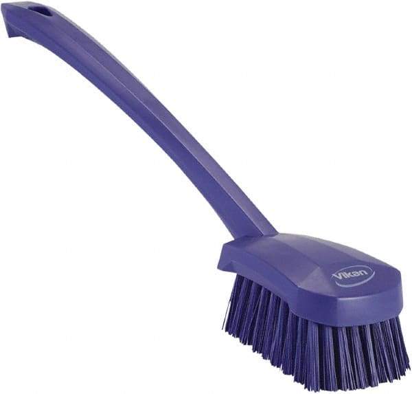 Vikan - 1.3" Bristle Length, Polyester Scrub Brush - 4" Long x 2-3/4" Wide Head, 15-3/4" OAL, Purple, Polypropylene Block - Americas Tooling