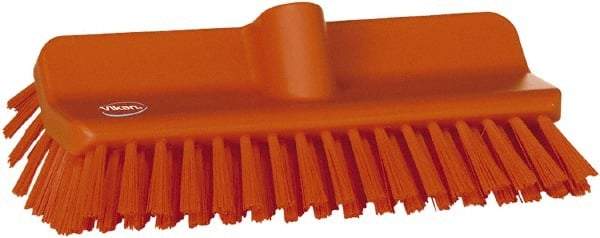 Vikan - 1-1/2" Bristle Length, Polyester Cleaning & Finishing Brush - 9-5/8" Long x 5" Wide Head, 10" OAL, European Threaded Handle, Orange, Polypropylene Block - Americas Tooling