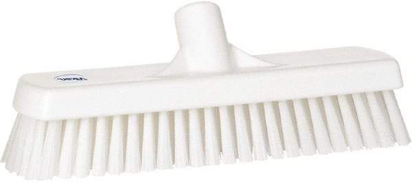 Vikan - 1.7" Bristle Length, Polyester Scrub Brush - 11-1/4" Long x 3" Wide Head, 12" OAL, European Threaded Handle, White, Polypropylene Block - Americas Tooling