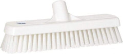 Vikan - 1.7" Bristle Length, Polyester Scrub Brush - 11-1/4" Long x 3" Wide Head, 12" OAL, European Threaded Handle, White, Polypropylene Block - Americas Tooling