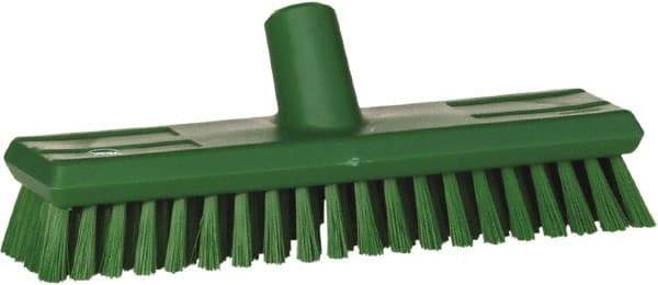 Vikan - 1.3" Bristle Length, Polyester Scrub Brush - 10-3/4" Long x 2-1/2" Wide Head, 11" OAL, European Threaded Handle, Green, Polypropylene Block - Americas Tooling