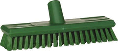 Vikan - 1.3" Bristle Length, Polyester Scrub Brush - 10-3/4" Long x 2-1/2" Wide Head, 11" OAL, European Threaded Handle, Green, Polypropylene Block - Americas Tooling