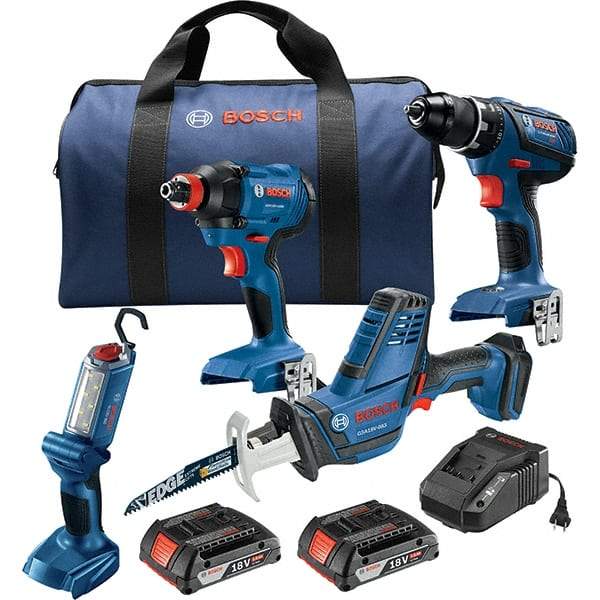 Bosch - 13 Piece 18 Volt Cordless Tool Combination Kit - Includes 1/2" Compact Drill/Driver, Impact Driver, Compact Reciprocating Saw & Work Light, Lithium-Ion Battery Included - Americas Tooling