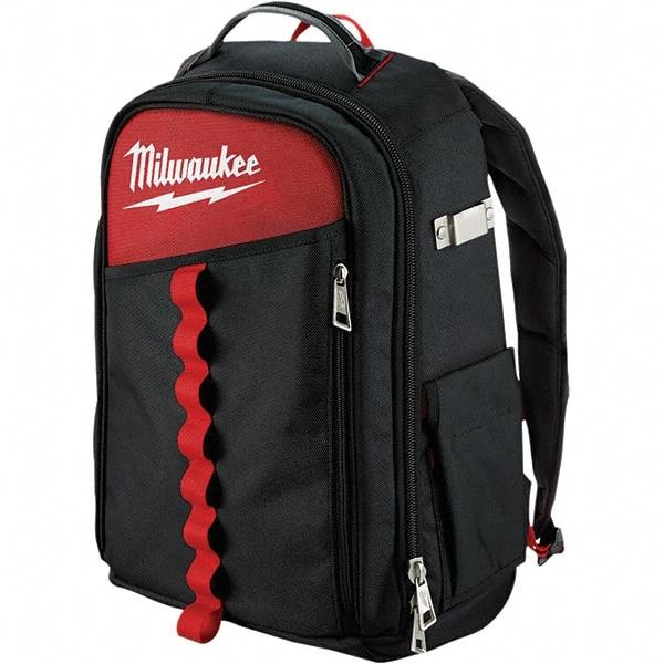 Milwaukee Tool - 22 Pocket Black & Red Ballistic Nylon Backpack Tool Bag - 11" Wide x 7-7/8" Deep x 19-5/8" High - Americas Tooling