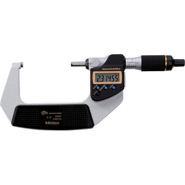 Mitutoyo - 2 to 3" Range, 0.00005" Resolution, Quantumike Throat IP65 Electronic Outside Micrometer - 0.0001" Accuracy, Ratchet Stop Thimble, Carbide-Tipped Face, SR44 Battery - Americas Tooling