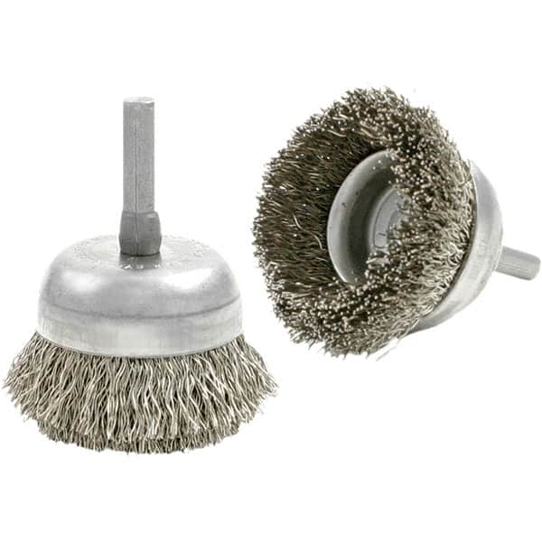 Brush Research Mfg. - 3" Diam, 2-3/4" Shank Diam, Carbon Steel Fill Cup Brush - 0.04 Wire Diam, 3/4" Trim Length, 8,000 Max RPM - Americas Tooling