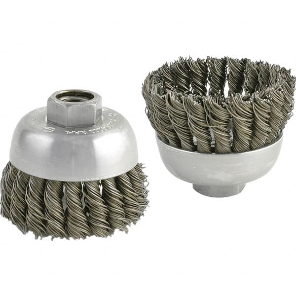 Brush Research Mfg. - 2-3/4" Diam, 5/8-11 Threaded Arbor, Carbon Steel Fill Cup Brush - 0.02 Wire Diam, 1" Trim Length, 6,600 Max RPM - Americas Tooling