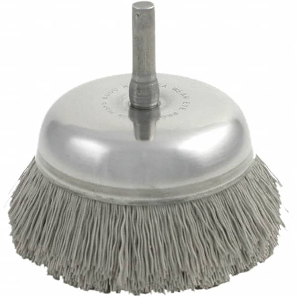 Brush Research Mfg. - 1-3/4" Diam, 1/4" Shank Diam, Nylon Fill Cup Brush - Aluminum Oxide Abrasive Material, 0.035 Wire Diam, 1/2" Trim Length, 10,000 Max RPM - Americas Tooling