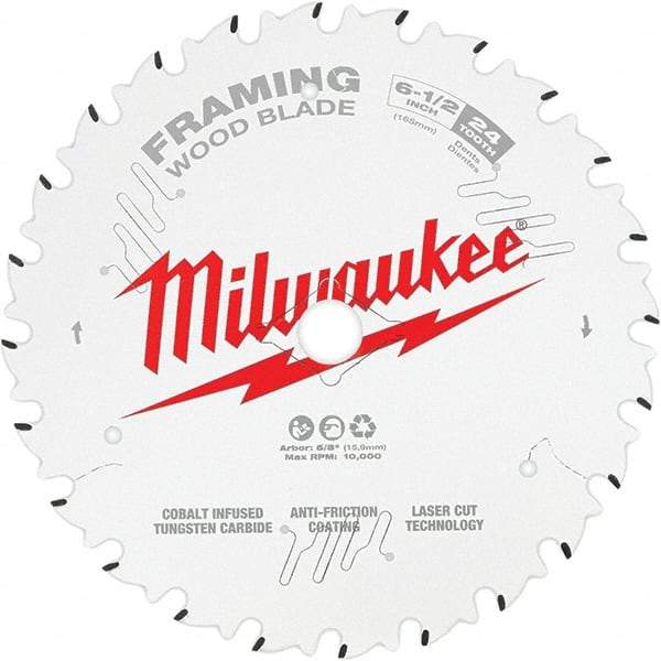 Milwaukee Tool - 6-1/2" Diam, 5/8" Arbor Hole Diam, 24 Tooth Wet & Dry Cut Saw Blade - Tungsten Carbide-Tipped, Framing Action, Standard Round Arbor - Americas Tooling