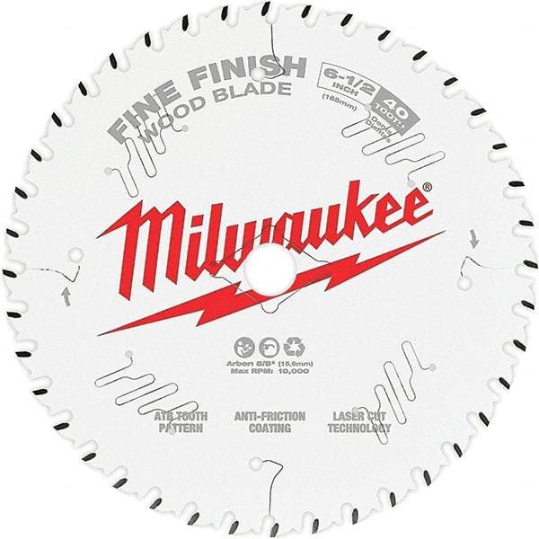 Milwaukee Tool - 6-1/2" Diam, 5/8" Arbor Hole Diam, 40 Tooth Wet & Dry Cut Saw Blade - Tungsten Carbide-Tipped, Fine Finish Action, Standard Round Arbor - Americas Tooling