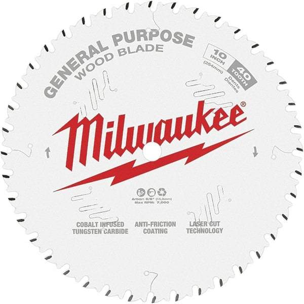 Milwaukee Tool - 10" Diam, 5/8" Arbor Hole Diam, 40 Tooth Wet & Dry Cut Saw Blade - Tungsten Carbide-Tipped, General Purpose Action, Standard Round Arbor - Americas Tooling