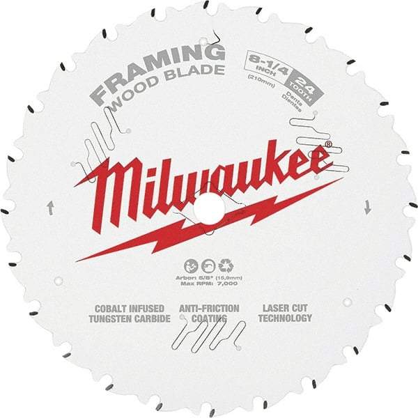 Milwaukee Tool - 8-1/4" Diam, 5/8" Arbor Hole Diam, 24 Tooth Wet & Dry Cut Saw Blade - Tungsten Carbide-Tipped, Framing Action, Standard Round Arbor - Americas Tooling