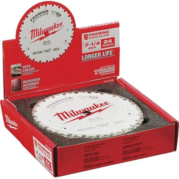 Milwaukee Tool - 7-1/4" Diam, 5/8" Arbor Hole Diam, 24 Tooth Wet & Dry Cut Saw Blade - Tungsten Carbide-Tipped, Framing Action, Standard Round Arbor - Americas Tooling