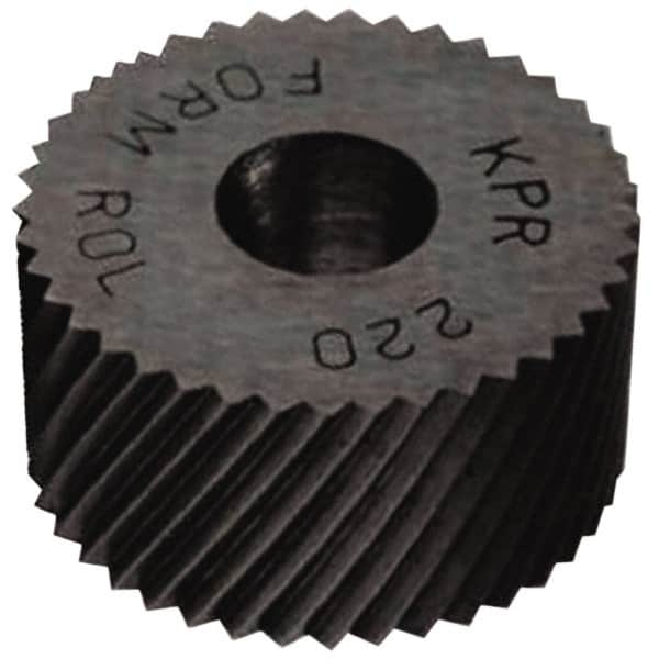 Made in USA - 5/16" Diam, 80° Tooth Angle, Standard (Shape), Form Type High Speed Steel Right-Hand Diagonal Knurl Wheel - 5/32" Face Width, 1/8" Hole, 128 Diametral Pitch, 30° Helix, Bright Finish, Series BP - Exact Industrial Supply