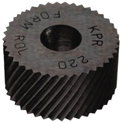 Made in USA - 1-1/4" Diam, 90° Tooth Angle, 20 TPI, Standard (Shape), Form Type Cobalt Right-Hand Diagonal Knurl Wheel - 1/2" Face Width, 1/2" Hole, Circular Pitch, 30° Helix, Bright Finish, Series PH - Exact Industrial Supply