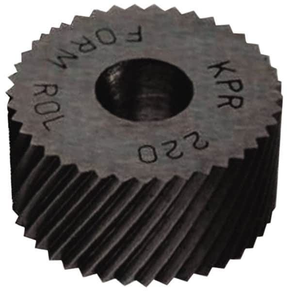 Made in USA - 5/8" Diam, 70° Tooth Angle, 50 TPI, Standard (Shape), Form Type High Speed Steel Right-Hand Diagonal Knurl Wheel - 1/4" Face Width, 1/4" Hole, Circular Pitch, 30° Helix, Bright Finish, Series GK - Exact Industrial Supply