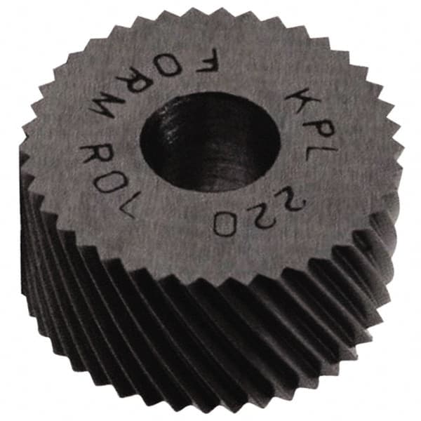 Made in USA - 5/8" Diam, 70° Tooth Angle, 50 TPI, Standard (Shape), Form Type High Speed Steel Left-Hand Diagonal Knurl Wheel - 1/4" Face Width, 1/4" Hole, Circular Pitch, 30° Helix, Bright Finish, Series GK - Exact Industrial Supply