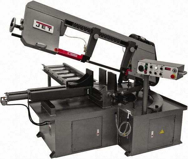 Jet - 12 x 23-1/2" Max Capacity, Semi-Automatic Step Pulley Horizontal Bandsaw - 50 to 297 SFPM Blade Speed, 230/460 Volts, 60°, 3 hp, 3 Phase - Americas Tooling