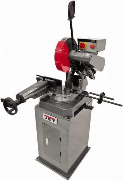 Jet - 11-1/2" Blade Diam, Straight/Miter Chop & Cut-Off Saw - 3 Phase, 3,450 RPM, 5 hp, 230/460 Volts, 4" Capacity in Pipe at 90°, 3-1/2" Capacity in Solids at 45° - Americas Tooling