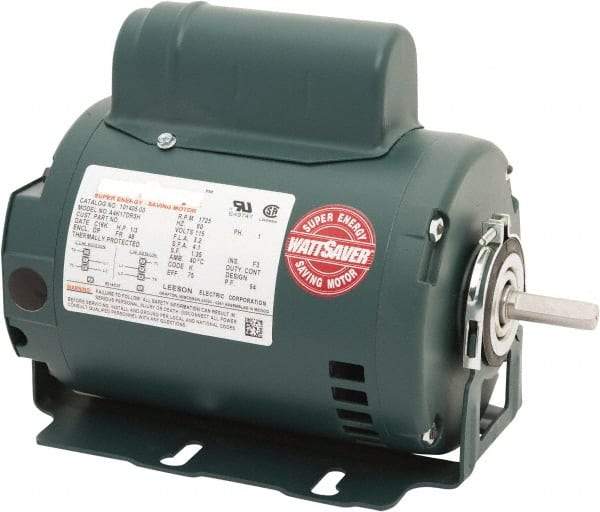 Leeson - 1/3 Max hp, 1,800 Max RPM, Premium Efficient Electric AC DC Motor - 115 V Input, Single Phase, 48 Frame, 1/2" Shaft Diam, Resilient Base Mount, ODP Enclosure - Americas Tooling