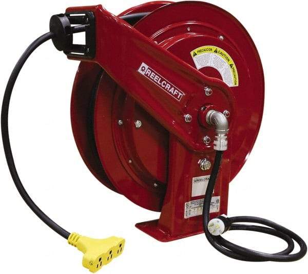 Reelcraft - 12 AWG, 75' Cable Length, Cord & Cable Reel with Triple-Tap Outlet End - 3 Outlets, NEMA 5-15R, 15 Amps, 125 Volts, SEOOW Cable, Red Reel, Spring Driven Reel - Americas Tooling