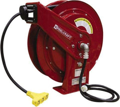 Reelcraft - 12 AWG, 75' Cable Length, Cord & Cable Reel with Triple-Tap Outlet End - 3 Outlets, NEMA 5-15R, 15 Amps, 125 Volts, SEOOW Cable, Red Reel, Spring Driven Reel - Americas Tooling