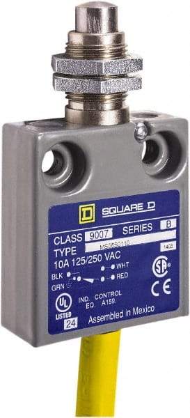 Square D - SPDT, NC/NO, 240 VAC, Prewired Terminal, Plunger Actuator, General Purpose Limit Switch - 1, 2, 4, 6, 6P NEMA Rating, IP67 IPR Rating, Panel Mount, 80 Ounce Operating Force - Americas Tooling