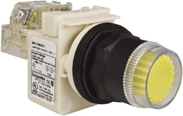 Schneider Electric - 30mm Mount Hole, Extended Straight, Pushbutton Switch with Contact Block - Yellow Pushbutton, Momentary (MO) - Americas Tooling