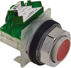 Schneider Electric - 30mm Mount Hole, Extended Straight, Pushbutton Switch with Contact Block - Red Pushbutton, Momentary (MO) - Americas Tooling