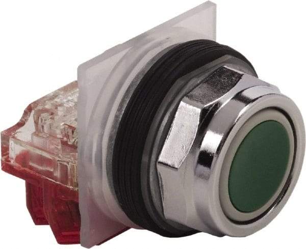 Schneider Electric - 30mm Mount Hole, Extended Straight, Pushbutton Switch with Contact Block - Green Pushbutton, Momentary (MO) - Americas Tooling