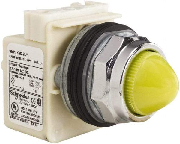 Schneider Electric - 12-14 VAC/VDC Yellow Lens LED Pilot Light - Domed/Round Lens, Screw Clamp Connector, 69.98mm OAL x 54mm Wide, Dust-tight, Oiltight, Shock Resistant, Vibration Resistant, Watertight - Americas Tooling