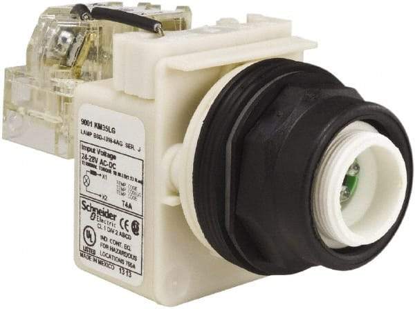 Schneider Electric - 28 V Green Lens LED Pilot Light - Round Lens, Screw Clamp Connector, 54mm OAL x 42mm Wide, Vibration Resistant - Americas Tooling