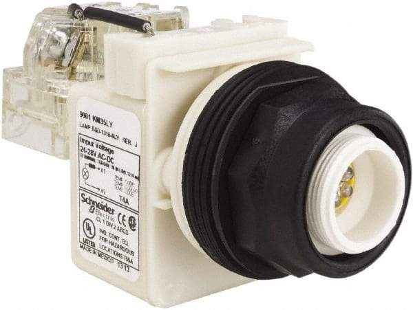 Schneider Electric - 28 V Yellow Lens LED Pilot Light - Round Lens, Screw Clamp Connector, 54mm OAL x 42mm Wide, Vibration Resistant - Americas Tooling