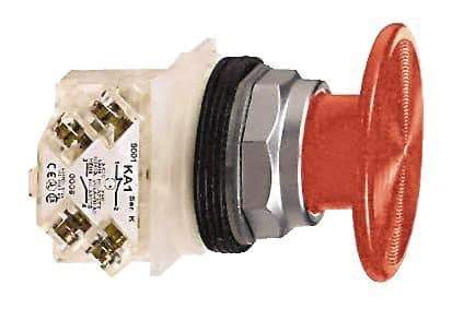 Schneider Electric - 30mm Mount Hole, Extended Mushroom Head, Pushbutton Switch with Contact Block - Round, Red Pushbutton, Momentary (MO) - Americas Tooling