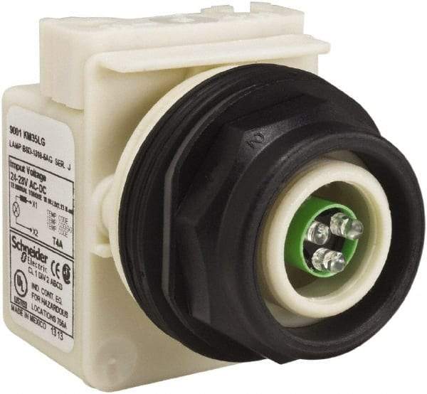 Schneider Electric - 28 V Green Lens LED Pilot Light - Round Lens, Screw Clamp Connector, 54mm OAL x 42mm Wide, Vibration Resistant - Americas Tooling