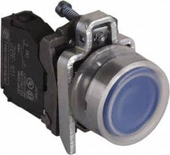 Schneider Electric - 22mm Mount Hole, Extended Straight, Pushbutton Switch with Contact Block - Round, Blue Pushbutton, Momentary (MO) - Americas Tooling