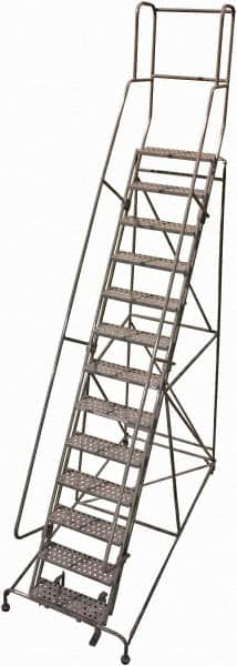 Cotterman - 172" 13 Step Rolling Warehouse Ladder - Rolling Safety Ladder, 450 Lb Capacity, 130" Platform Height, 42" Base Width x 95" Base Depth, Perforated Tread - Americas Tooling