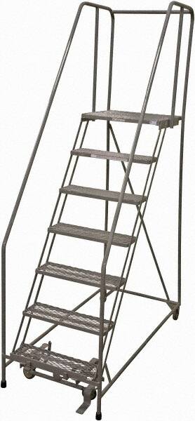 Cotterman - 100" 7 Step Rolling Warehouse Ladder - Rolling Safety Ladder, 450 Lb Capacity, 70" Platform Height, 30" Base Width x 63" Base Depth, Expanded Metal Tread - Americas Tooling