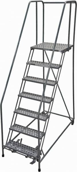 Cotterman - 100" 7 Step Rolling Warehouse Ladder - Rolling Safety Ladder, 450 Lb Capacity, 70" Platform Height, 30" Base Width x 63" Base Depth, Perforated Tread - Americas Tooling