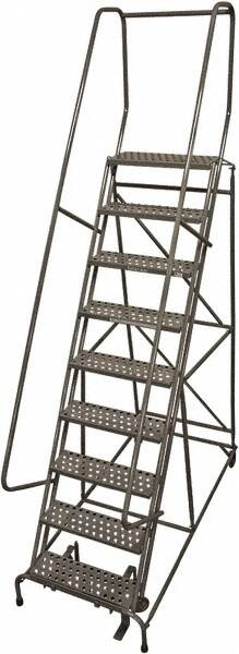 Cotterman - 120" 9 Step Rolling Warehouse Ladder - Rolling Safety Ladder, 450 Lb Capacity, 90" Platform Height, 32" Base Width x 65" Base Depth, Perforated Tread - Americas Tooling