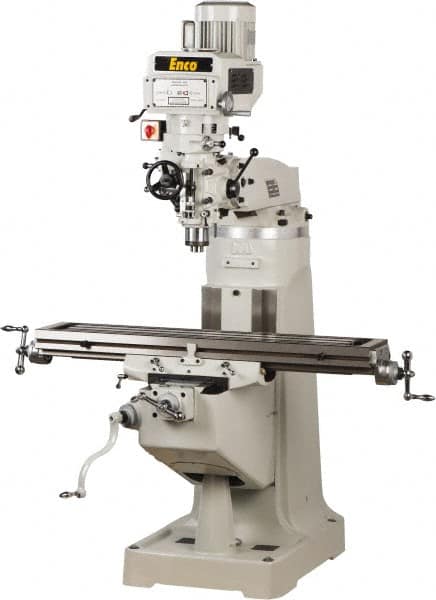 Enco - 9" Table Width x 49" Table Length, Variable Speed Pulley Control, 3 Phase Knee Milling Machine - R8 Spindle Taper, 3 hp - Americas Tooling